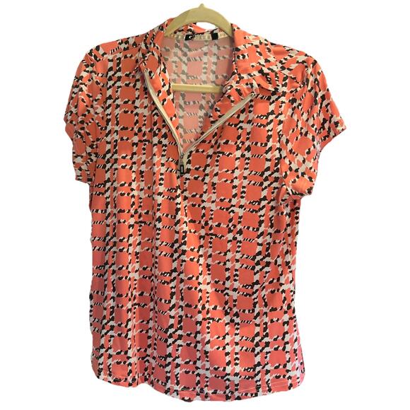 DKNY Golf Women’s Size Medium Pink Zebra Print SS Zip Polo Shirt Activewear Top - Picture 1 of 6